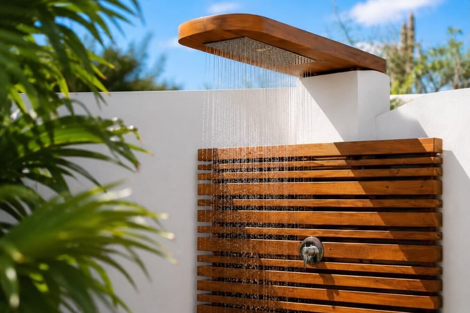 Refresh under the open-air shower after a day at the beach.