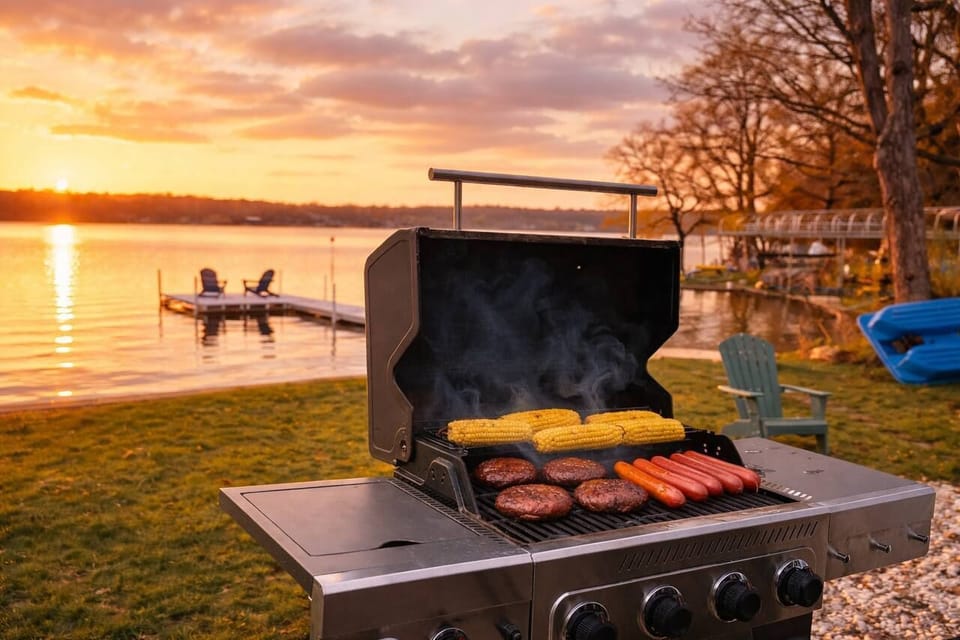 Load up the lakeside propane grill and eat at the outdoor dining set!