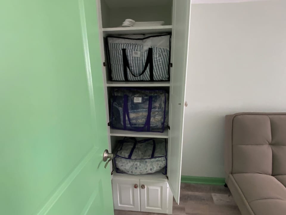 Storage closet with linens for Queen sleeper couch and Twin futon