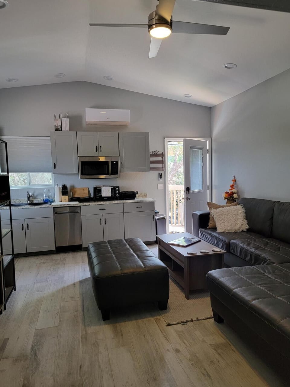 Large main living room with kitchenette. Mini split and ceiling fan. 