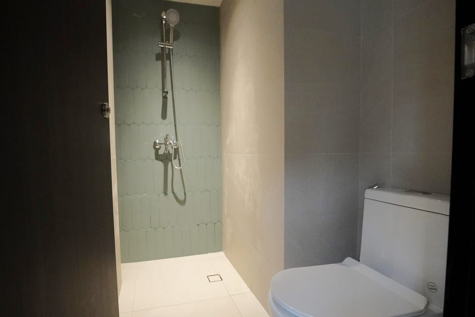 Shower, hair dryer, slippers, towels