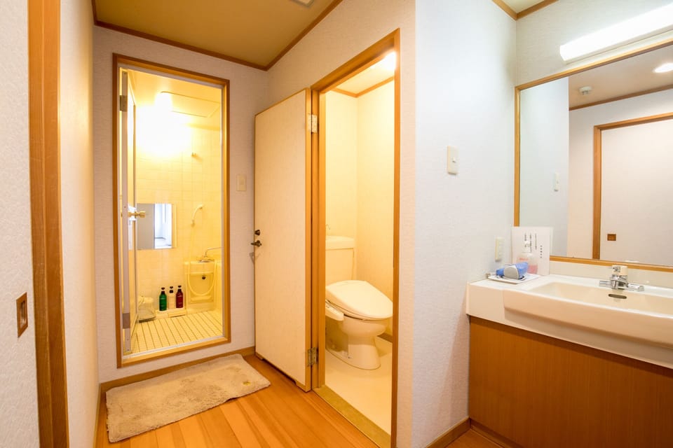 Separate tub and shower, hydromassage showerhead, free toiletries