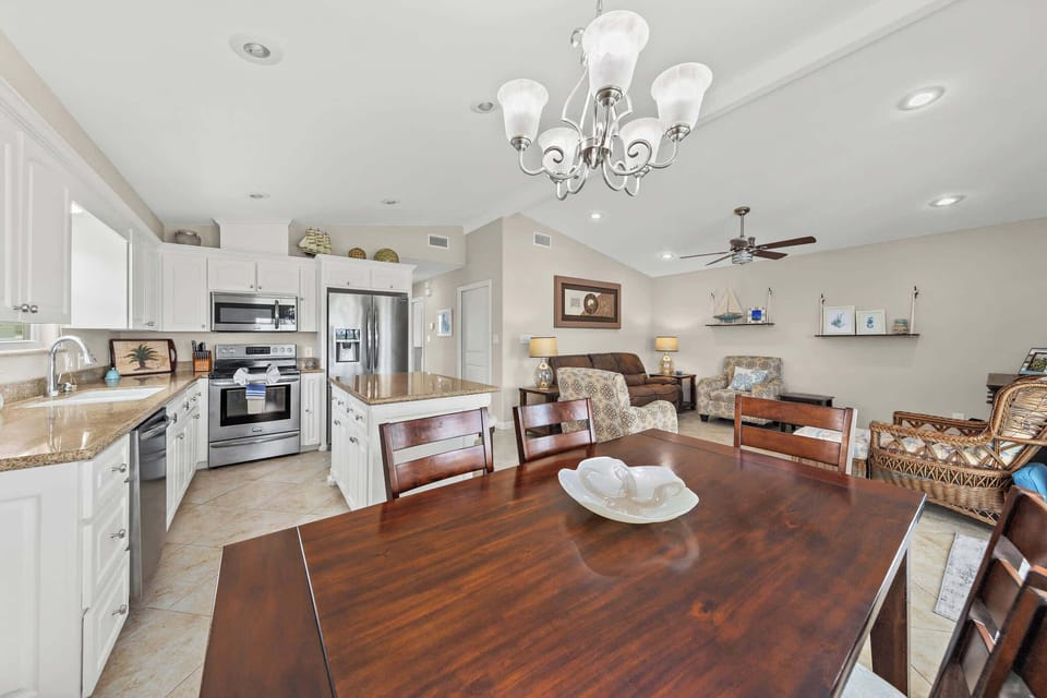 Open layout keeps the living, dining, and kitchen connected
