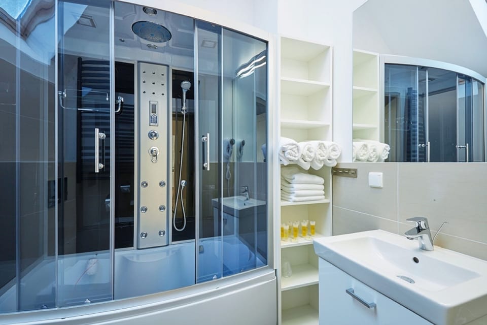 Hair dryer, towels, soap, shampoo