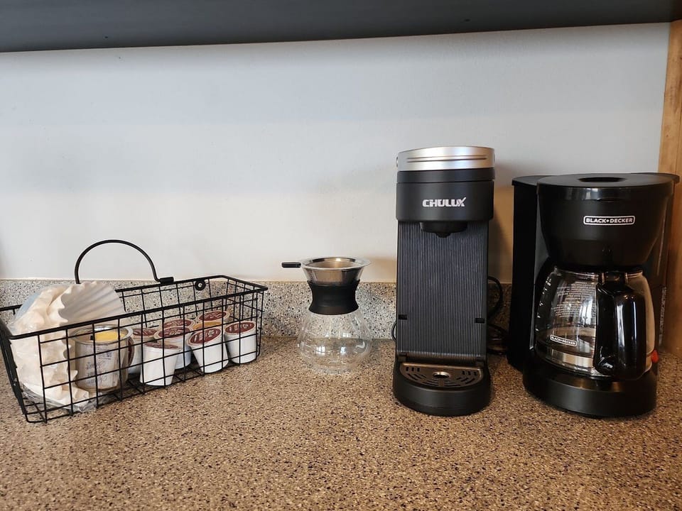 Regular coffee maker, Keurig, and pour over. First cup of coffee on us.