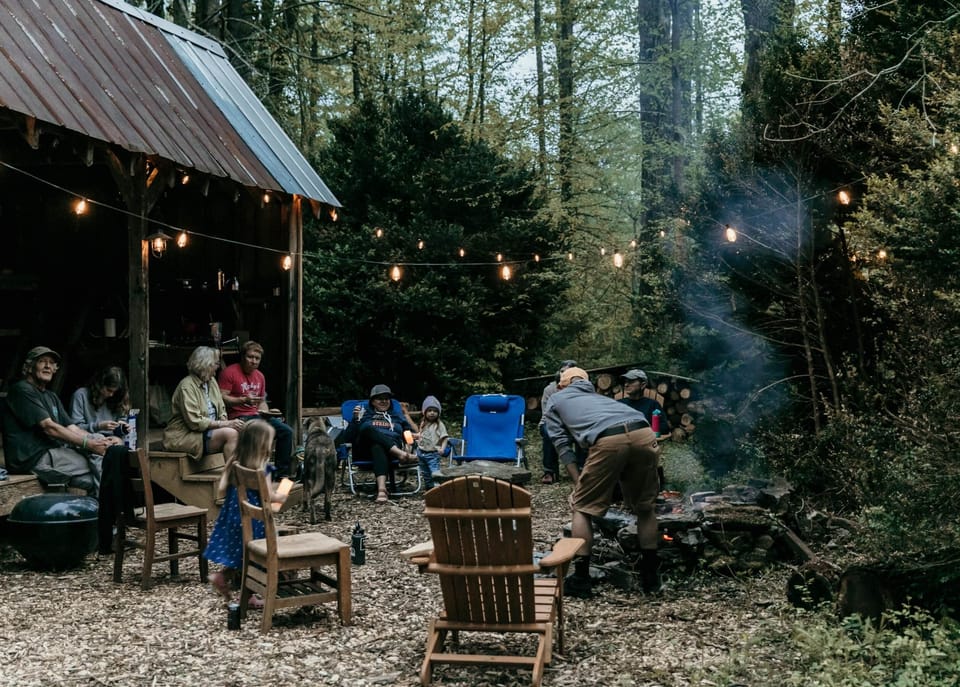Fire and lights at Bill's Cabin