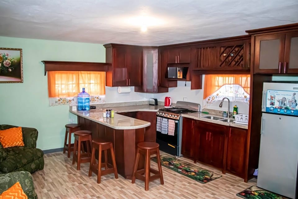 Full-size fridge, microwave, oven, stovetop