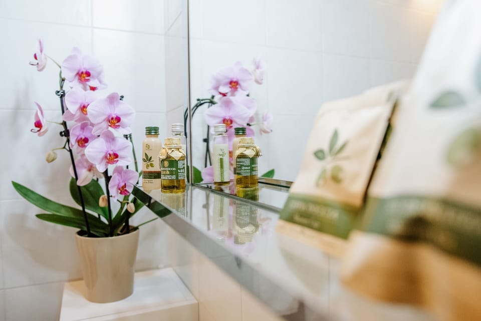 Shower, rainfall showerhead, free toiletries, hair dryer