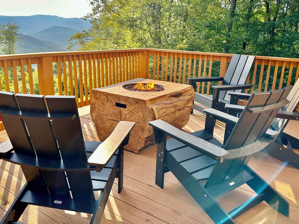 Large deck with fire pit — the best spot for sunset gatherings
