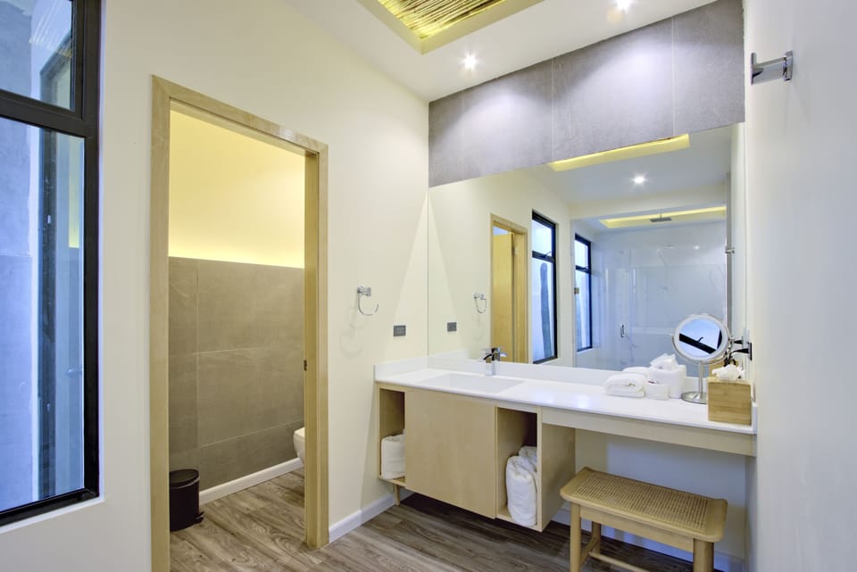 Shower, free toiletries, hair dryer, towels