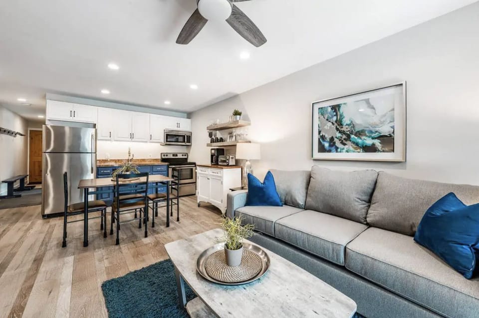 Modern and freshly remodeled living room with Queen Sleeper sofa