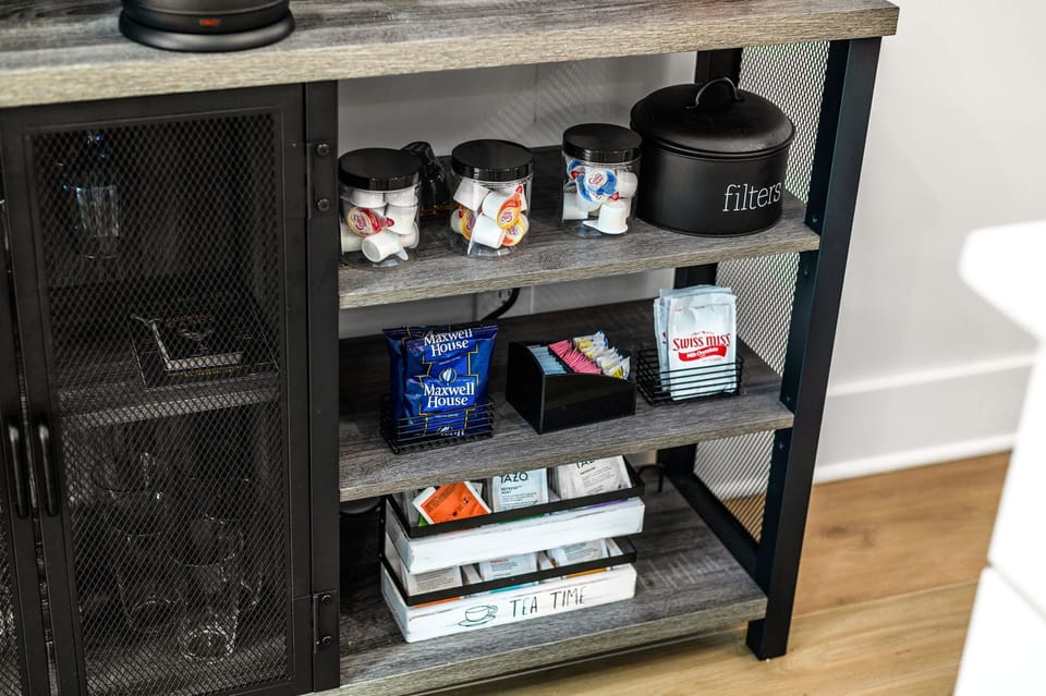 Enjoy a coffee station with Keurig coffee, hot cocoa, various tea assortments, and more!