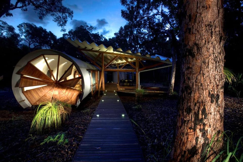 Eco‑designed pod home in native forest, highlighted with warm evening lighting. Unique, sustainable accommodation for couples or families.