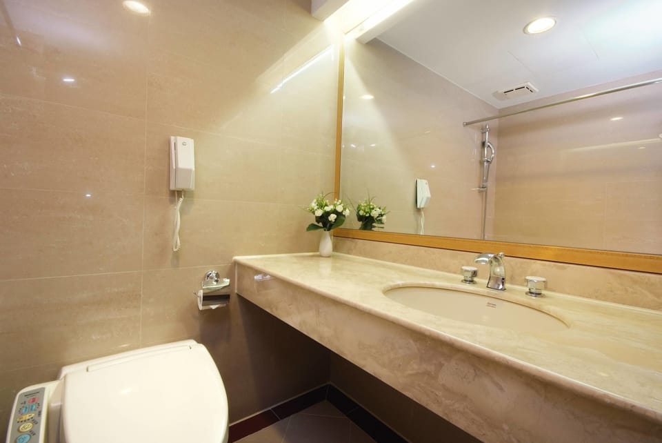 Combined shower/tub, hair dryer, slippers, towels
