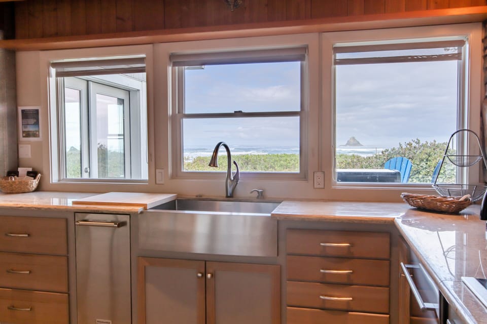 The kitchen features an extraordinary view