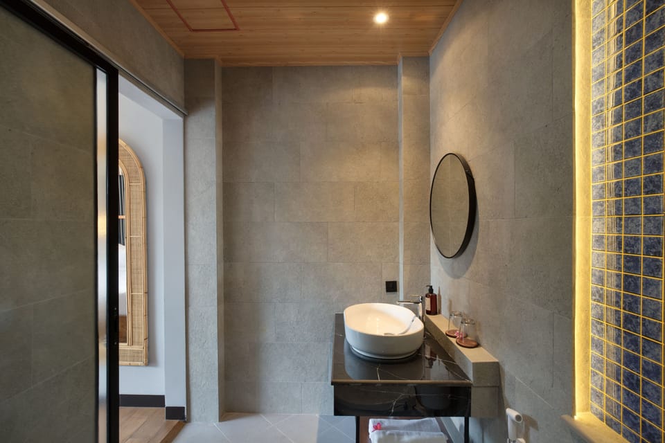 Shower, rainfall showerhead, hair dryer, slippers