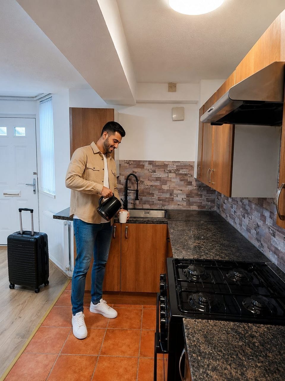 Business Apartment | Private kitchen | Full-size fridge, microwave, oven, stovetop