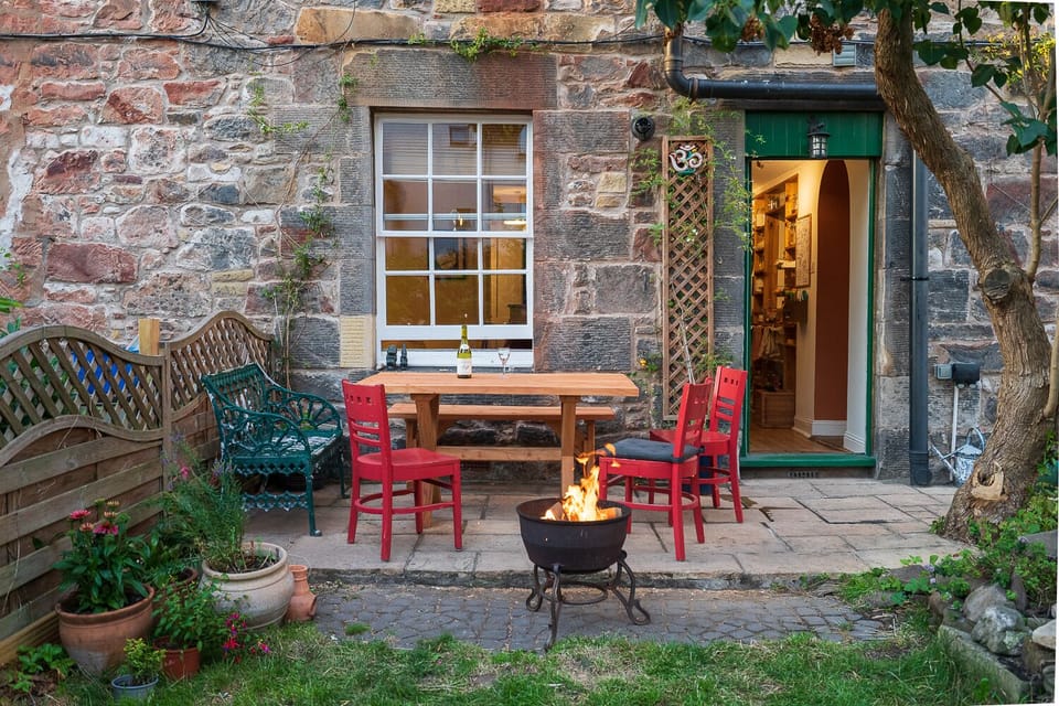 Outdoor seating area and garden. 