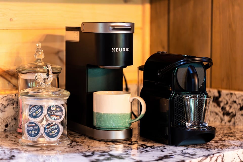 Enjoy a cup of coffee from our Keurig or Nespresso machines. (not pictured is also a classic drip coffee maker for those who wish to make larger pots for the whole family.)