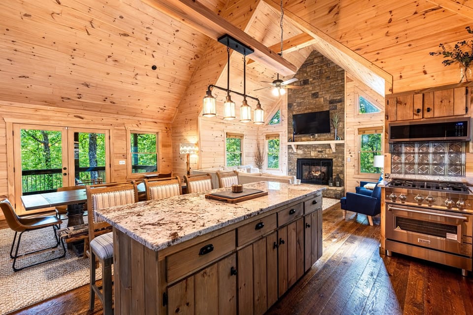 Walk into cathedral ceilings, open kitchen, and dining and living space all in one floor.