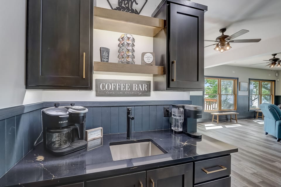 Coffee bar on the main level — fully stocked for your group