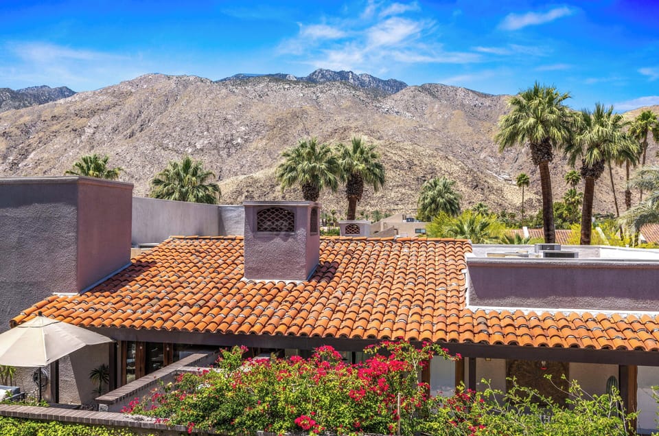Elevated mountain views with palms and classic desert architecture