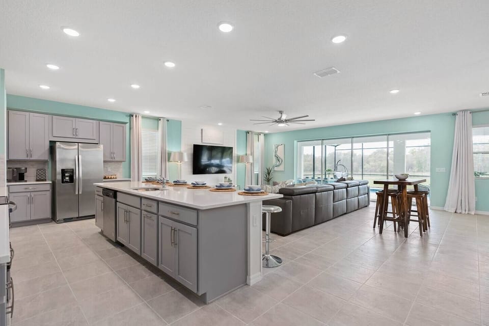 Large open space with Kitchen, Dining Room, and Living Room