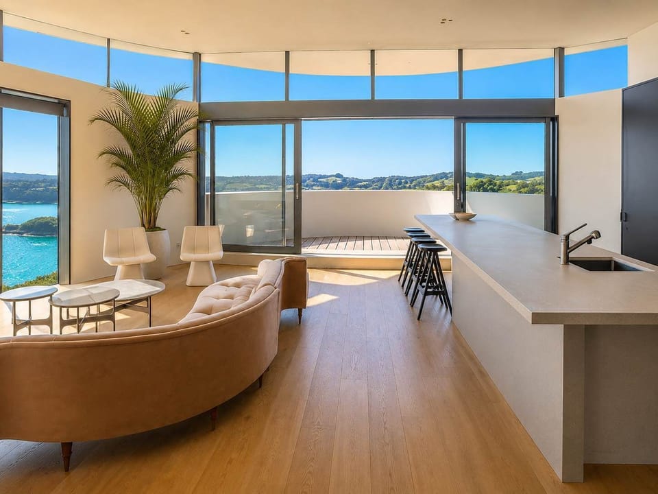 Kitchen and lounge area, with open fire place