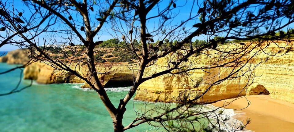 Stunning golden limestone cliffs and turquoise waters of Praia de Centeanes, just moments from Apartment Centeanes. One of the most beautiful beaches in the Algarve, perfect for swimming and exploring.
