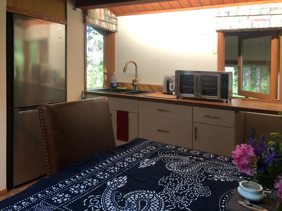 Kitchenette with basic appliances.