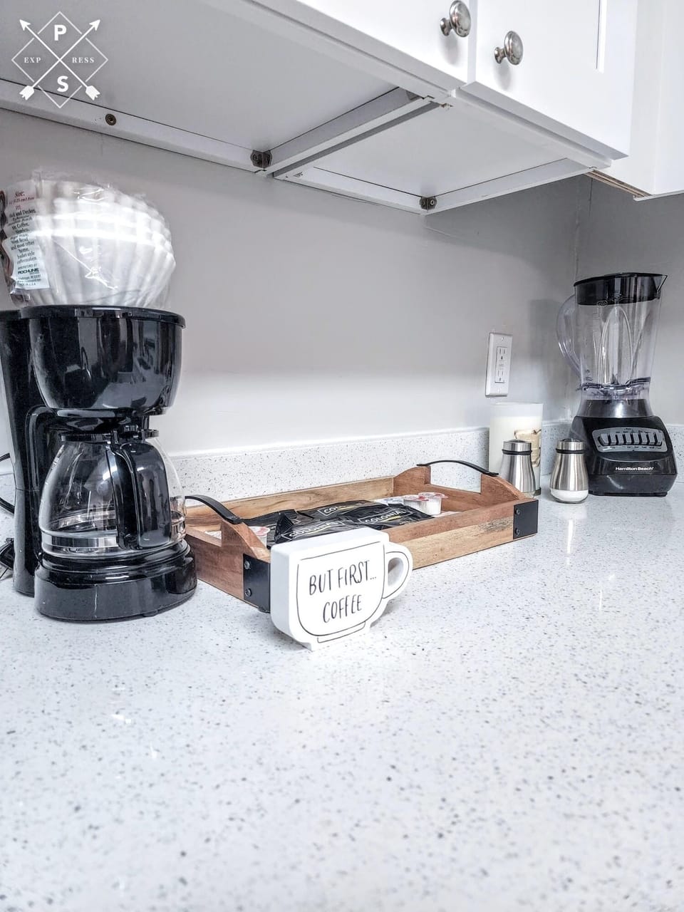 blender, coffee maker, tea, sugar, creamer
