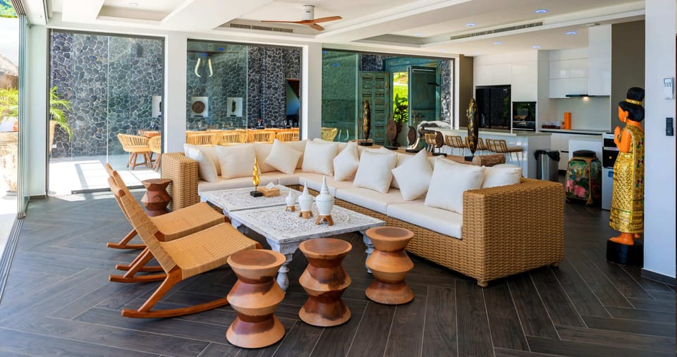 Luxury Villa, Private Pool, Sea View | Living area | 85-inch Smart TV with cable channels, TV, Netflix