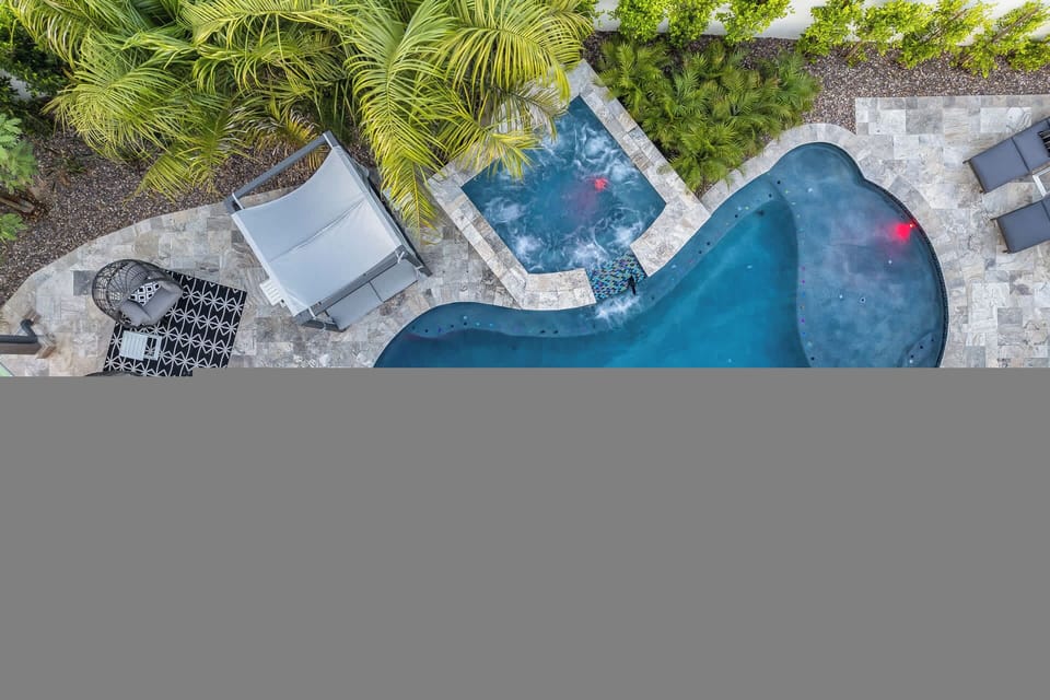 Birds eye view of the backyard.