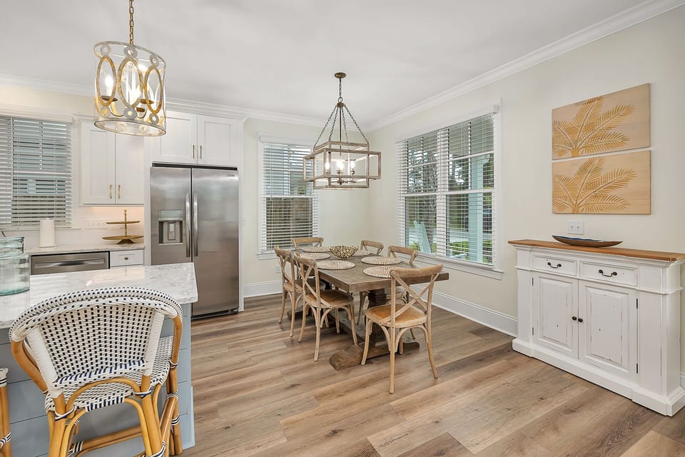 The dining room has available seating for 6 and additional seating for 3 at the countertop