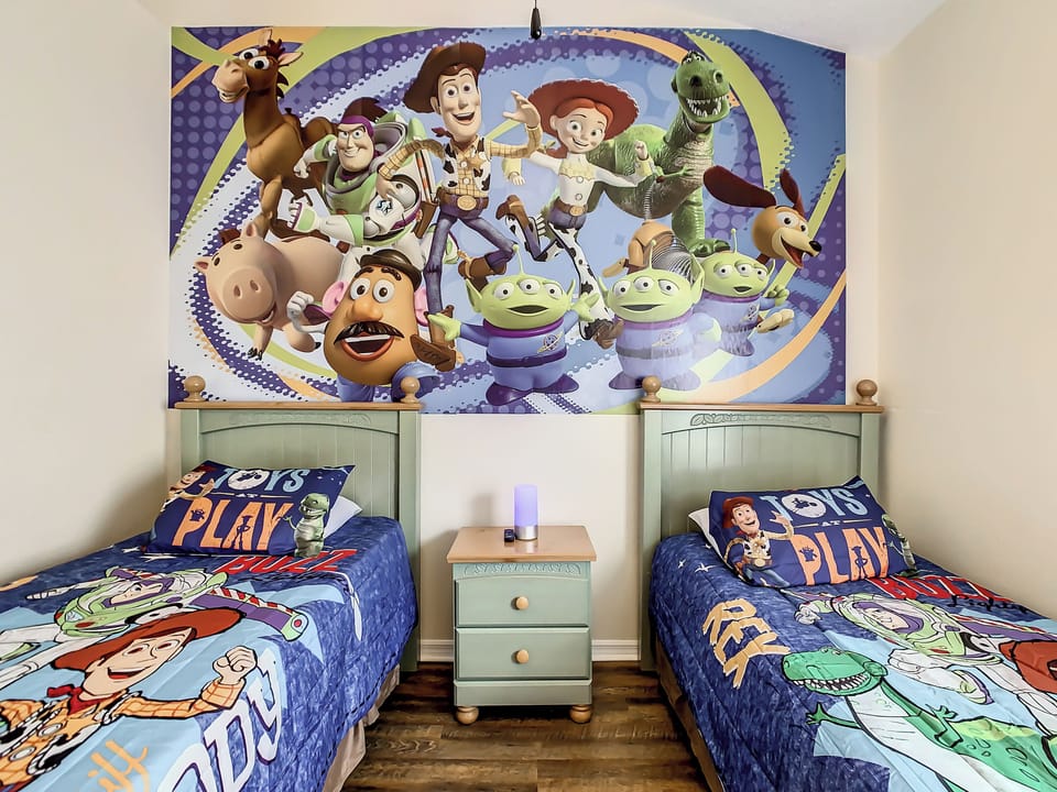 - Bring the magic of Toy Story to life with a vibrant wall mural and themed bedding
- Two cozy twin beds make the perfect sleepover setup for little adventurers
- Fun filled space where kids can dream, play, and laugh all day long