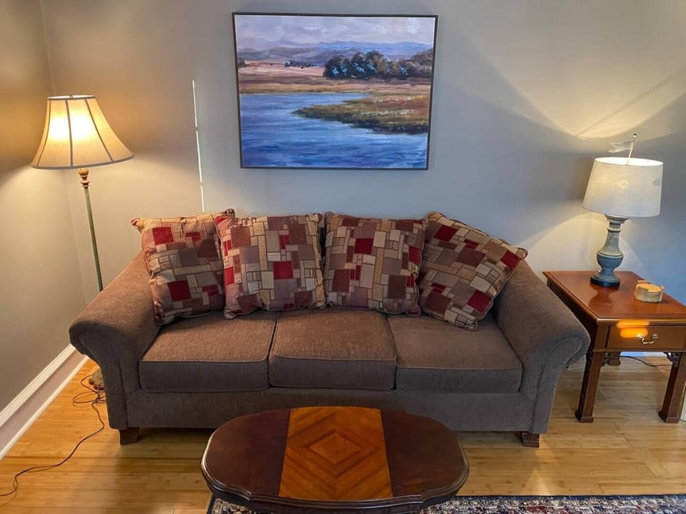 Large, comfortable couch to relax on in the living room.