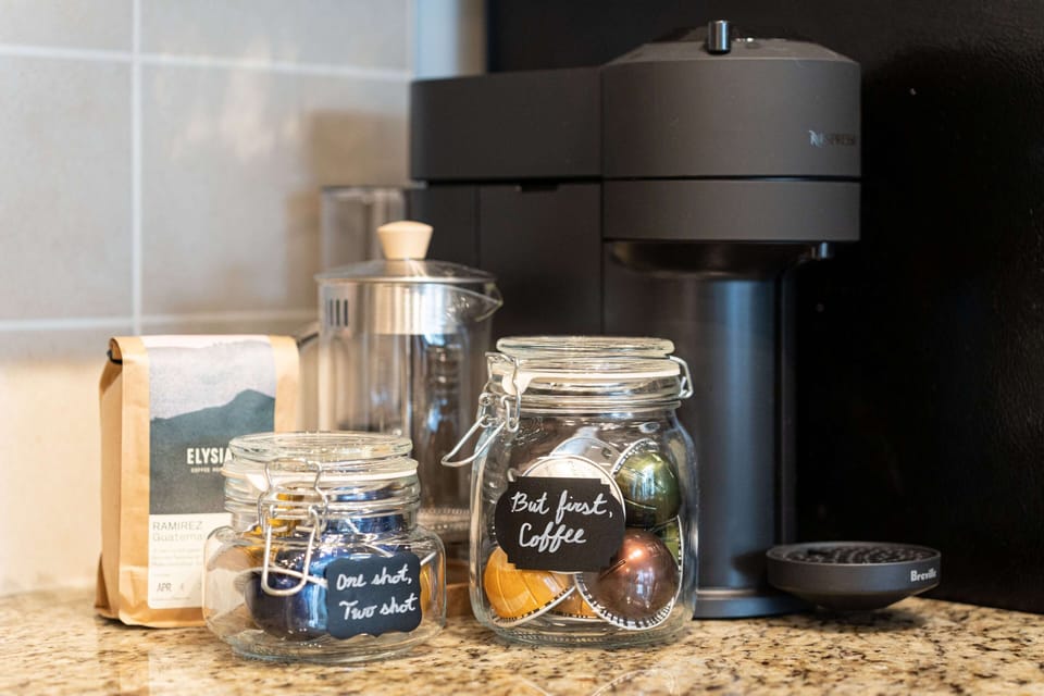 Enjoy a freshly brewed tea, French press, or Nespresso (capsules included).