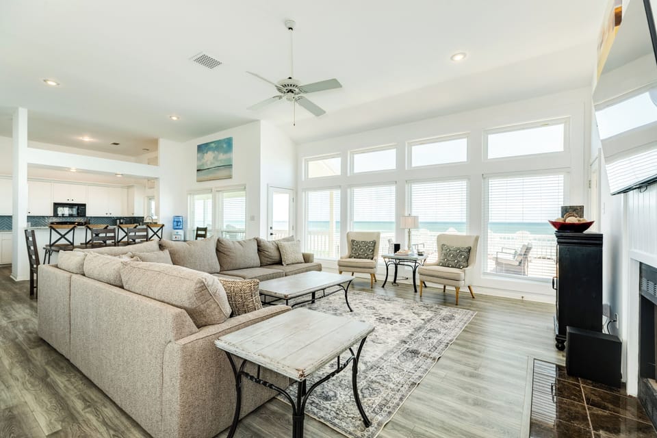 Wall of windows showcase the great Gulf views