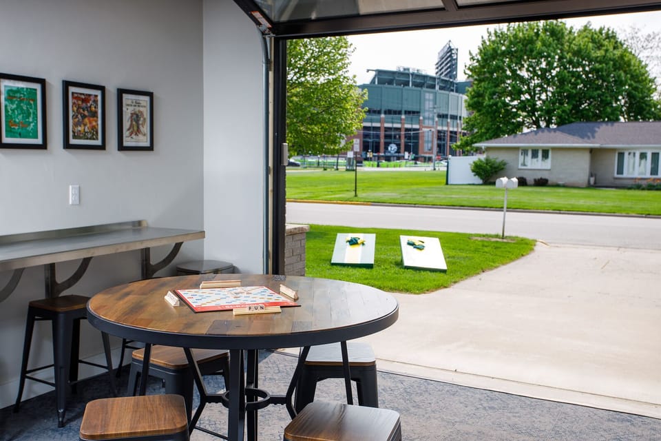 View of Lambeau from heated party garage with door open