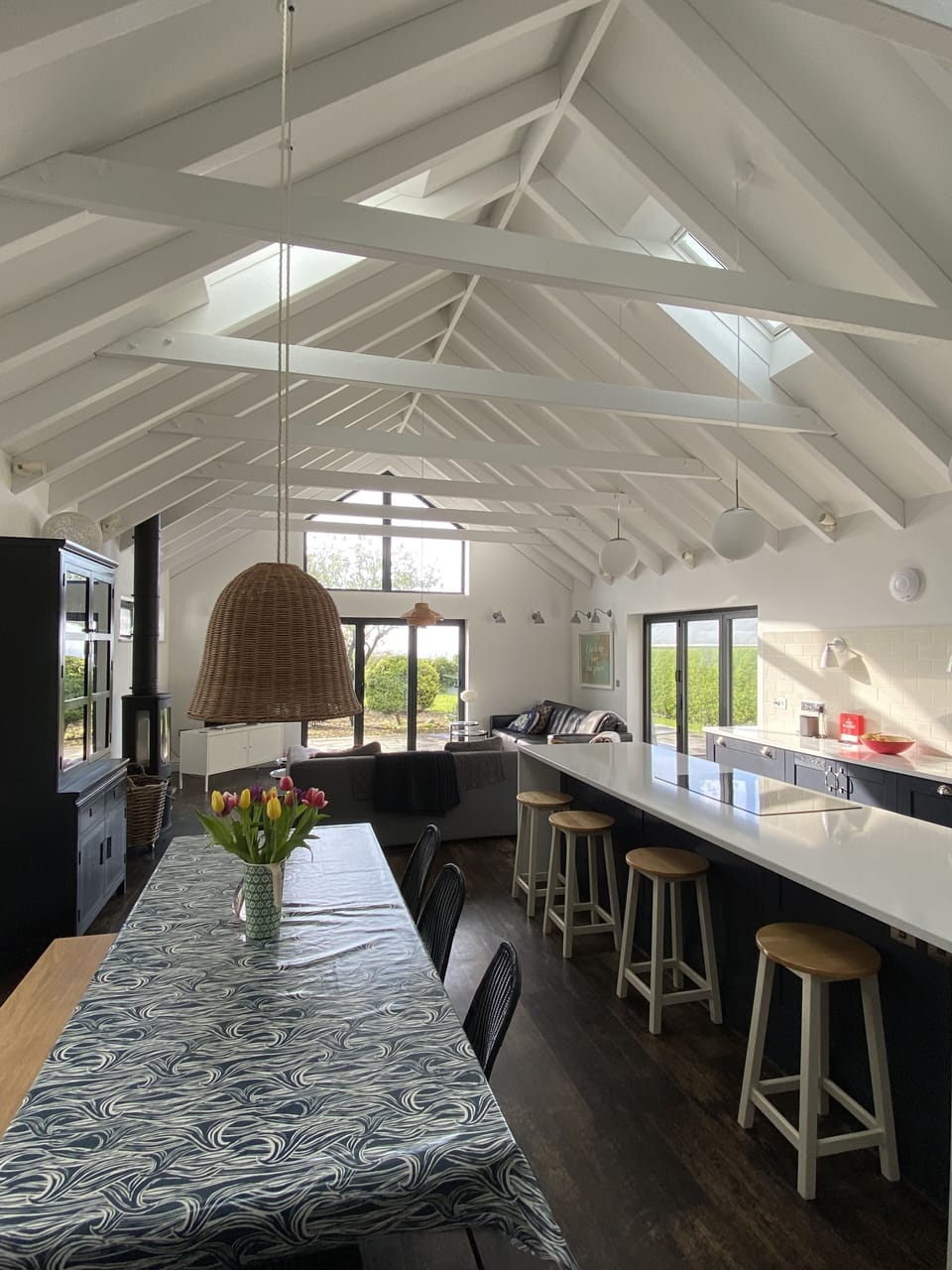 The incredible open plan living room/kitchen/diner with that spectacular roof!

