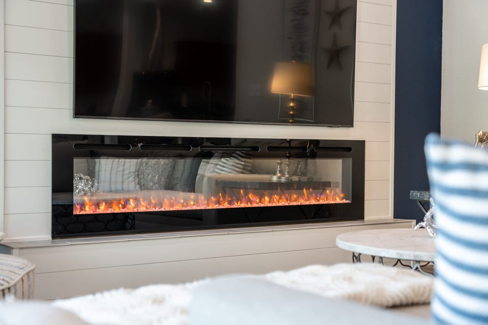 Faux fire place, living room.