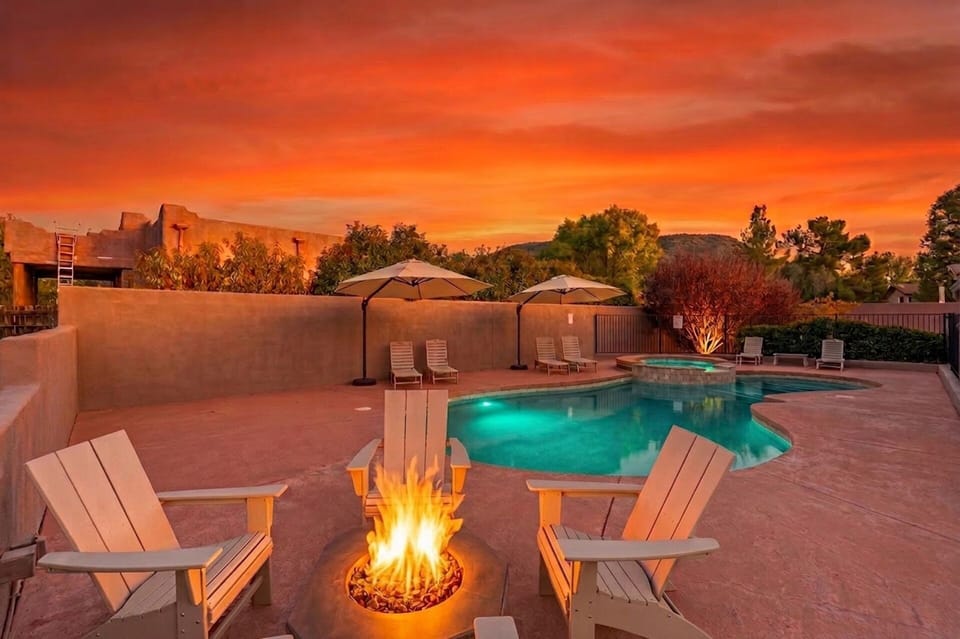 Private pool, spa, and fire pit with breathtaking sunset views