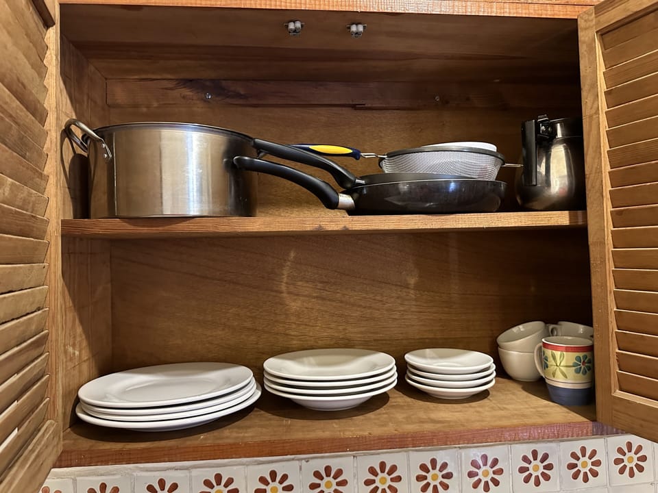 Full-size fridge, microwave, stovetop, toaster