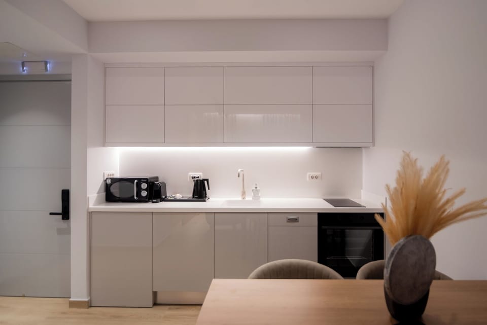 Luxury Apartment | Private kitchen | Mini-fridge, stovetop, espresso maker, electric kettle