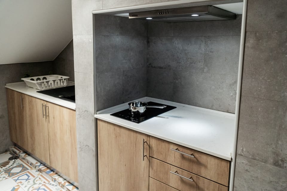 Full-size fridge, microwave, stovetop, electric kettle