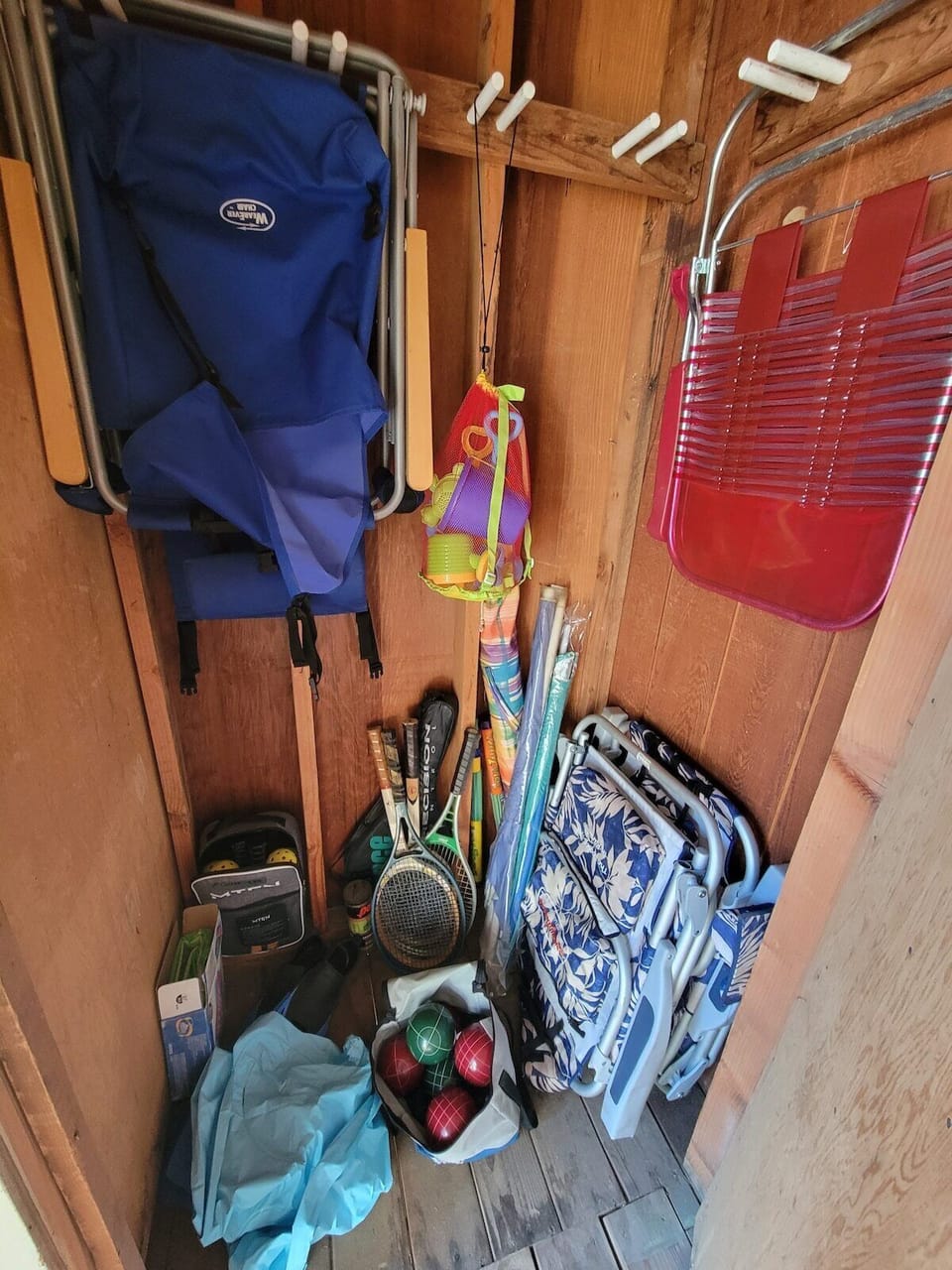 We have a locking storage closet on our front porch. You can borrow our beach chairs, umbrellas, tennis racquets, pickleball, and bocce ball set. In the winter, we bring snow toys up. This is also the perfect spot to store your skis and snowboards.