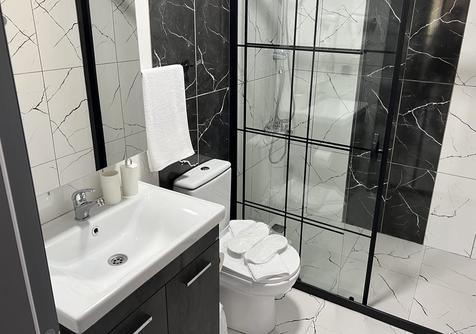 Shower, rainfall showerhead, hair dryer, towels