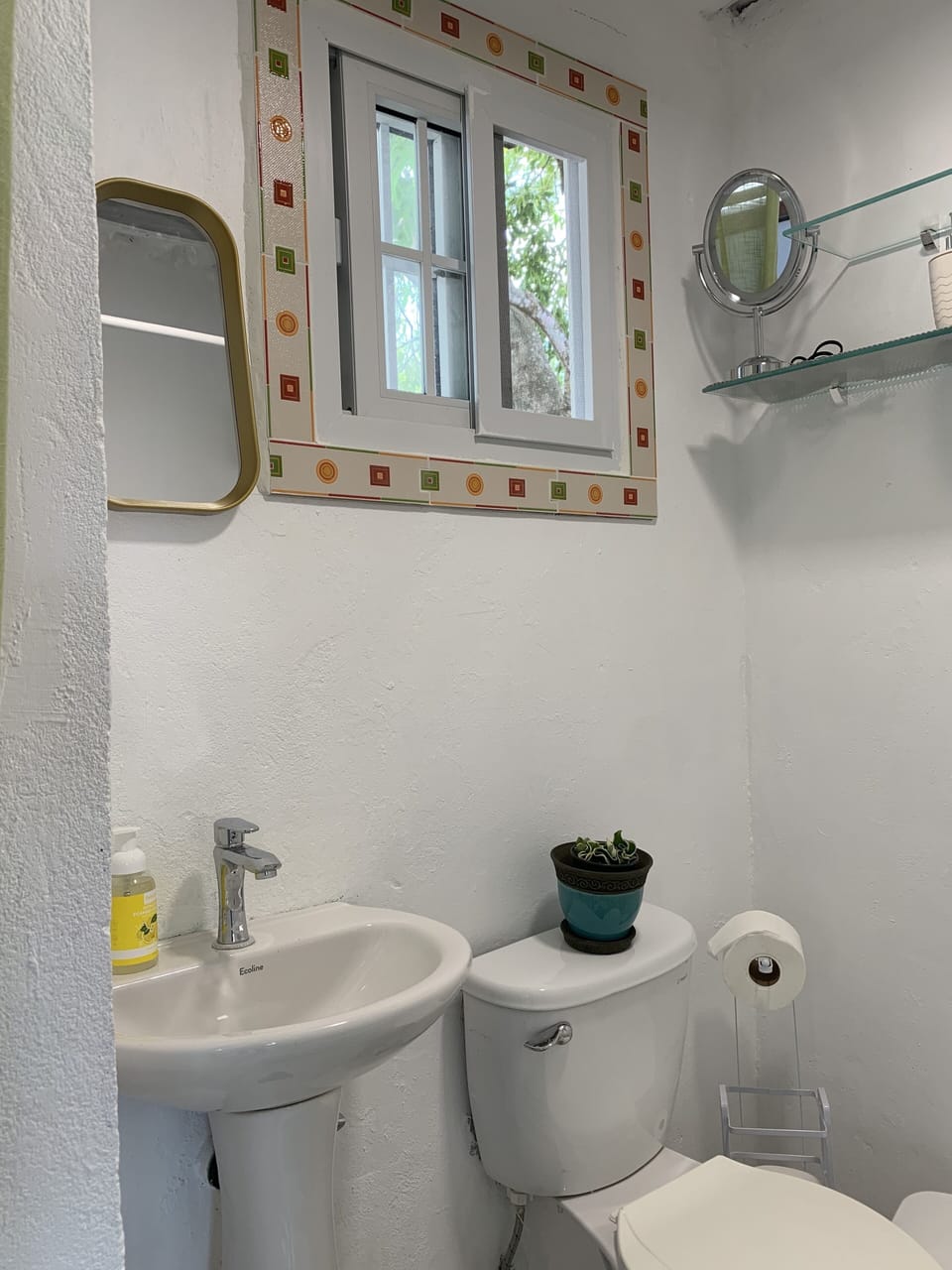 A peak at the new toilet, pedestal sink and window.