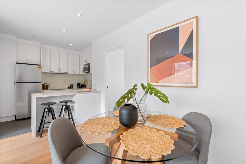 Inside look into the open plan dining and kitchen area