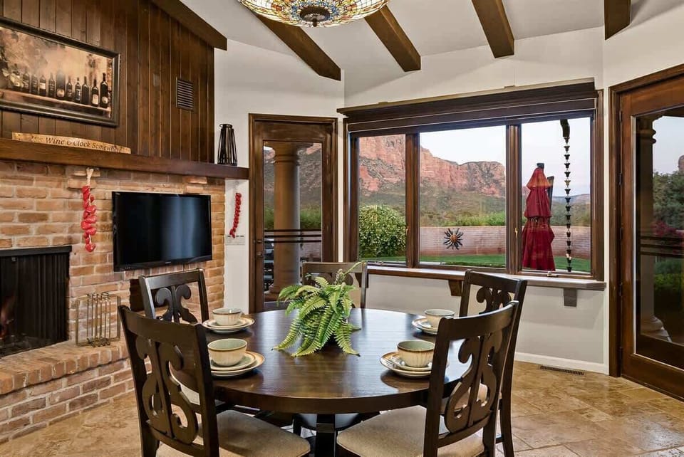 Poolside view from the breakfast table in kitchen fireplace non-operational